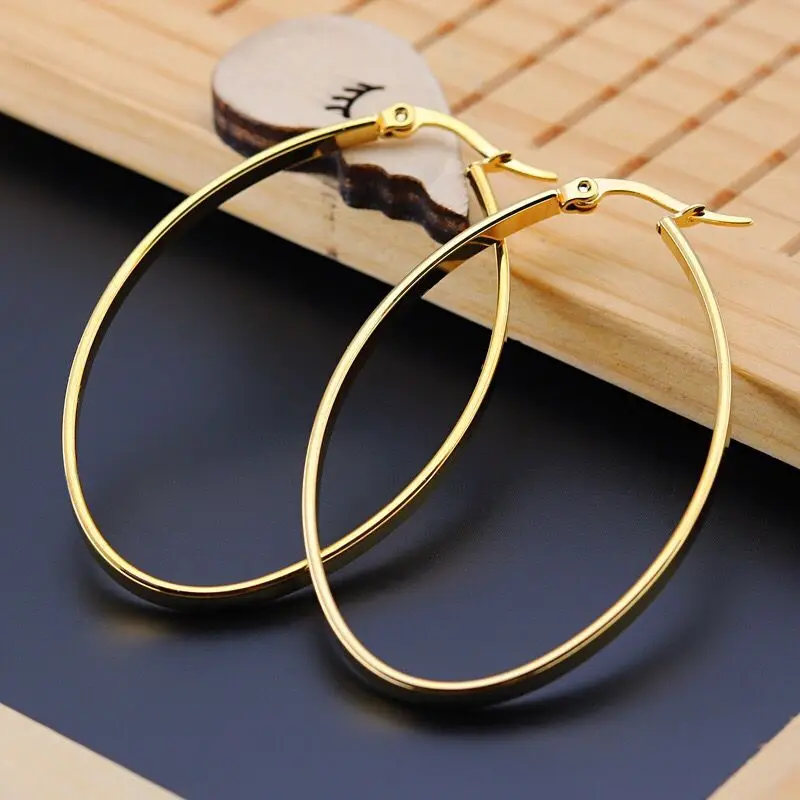 Wholesale Jewelry -(3pairs/Lot) Titanium steel Smooth Oval Circle Hoop Earrings For Women Fashion Gold Color 3 Size | Украшения и