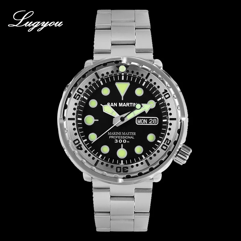 Steel Bezel Lugyou Сан Мартин тунец может для мужчин часы Дайвинг Автоматическая нержавеющая сталь 30 бар Водонепроницаемость неделя Дата дисплей металлический браслет - Цвет: Steel Bezel