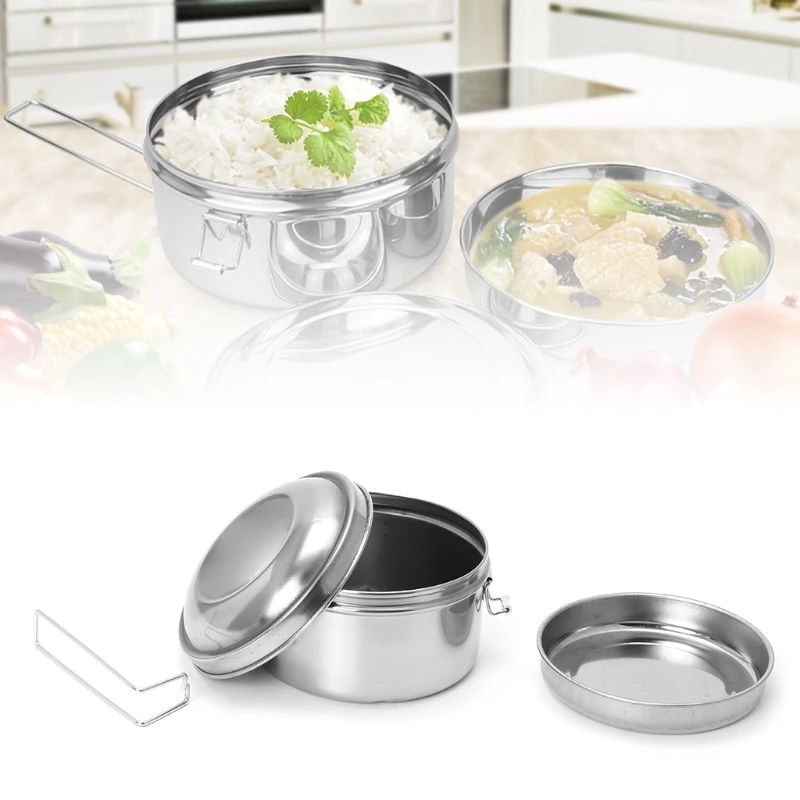 

Stainless Steel 2 Tier Round Shape Bowl Lunch Box Bento Food Picnic Container