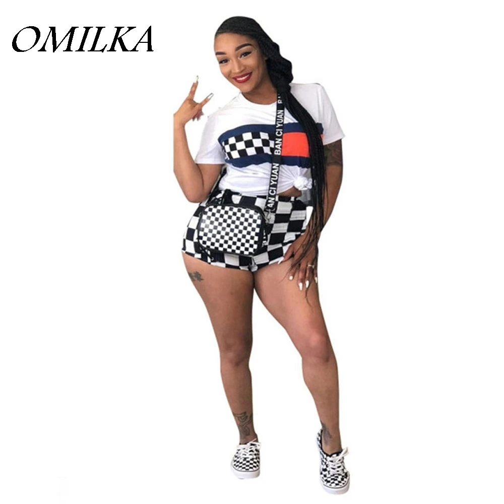 

Женский клетчатый укороченный топ с круглым вырезом OMILKA, белый и желтый клубный комплект из 2 предметов с коротким рукавом и шортами, лето 2019