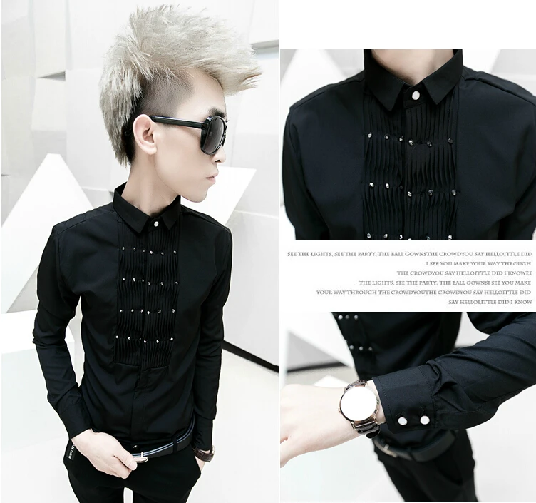 Мужская Облегающая рубашка с длинным рукавом плиссированная заклепками в
