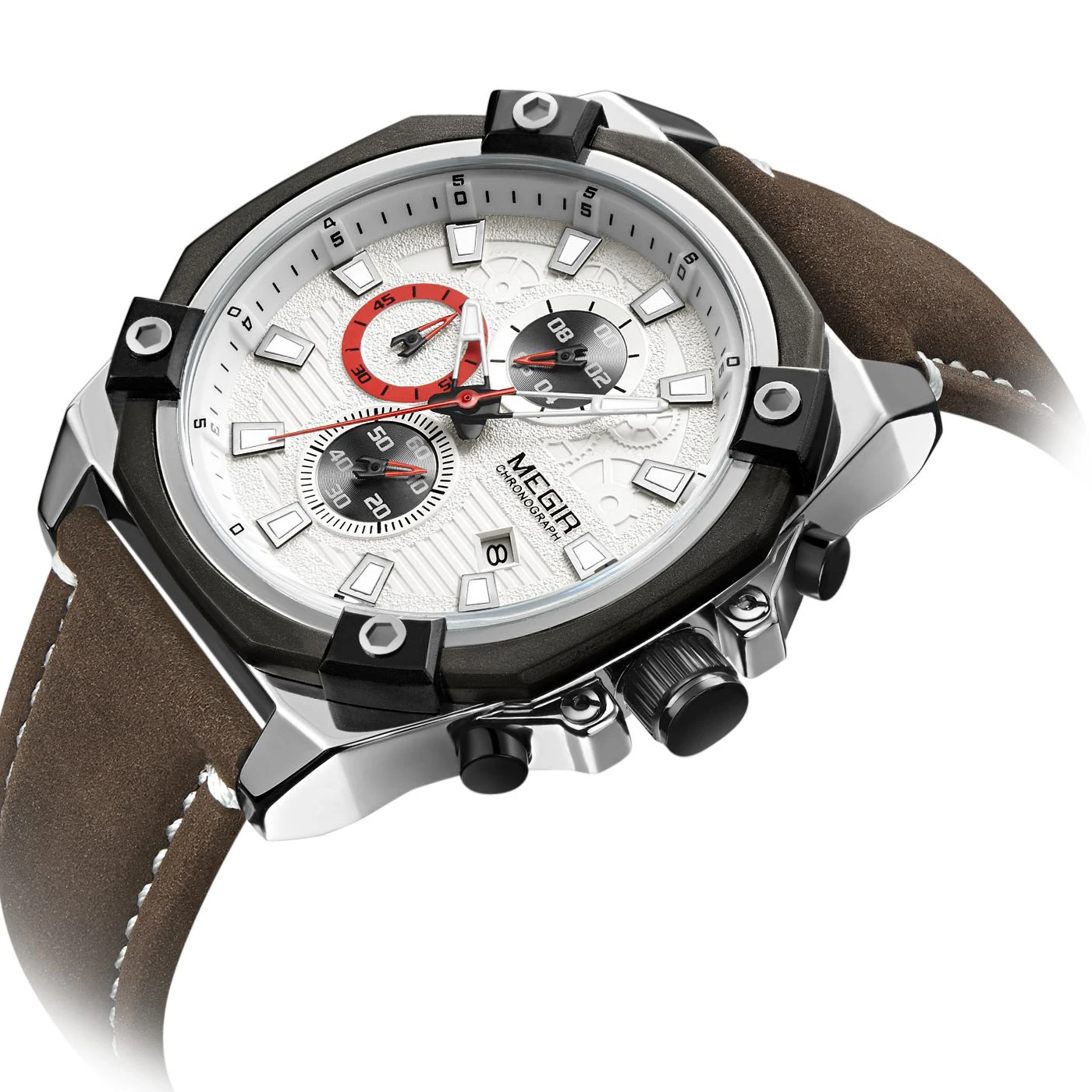 Мужские спортивные часы Megir армейские кварцевые с хронографом кожаные Наручные