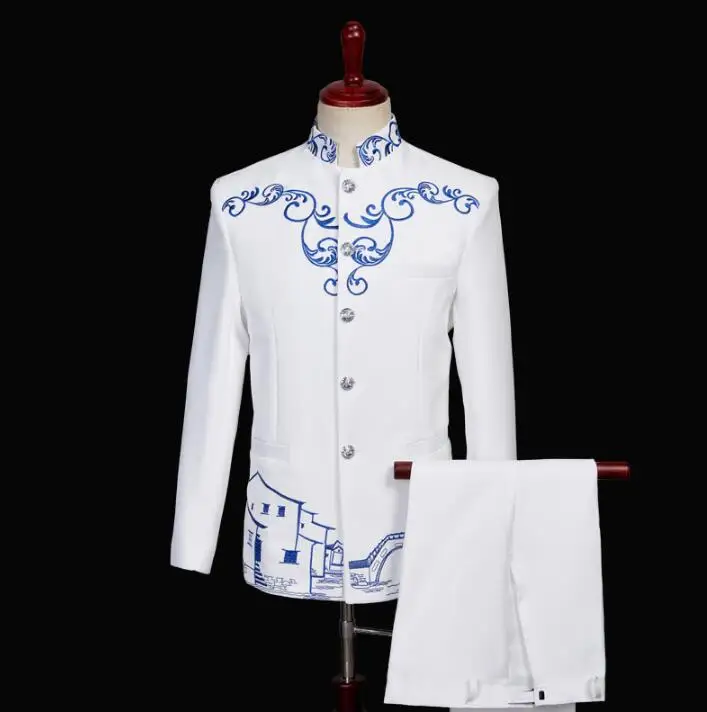 

Chorus white Chinese tunic suit for men blazer boys prom mariage suits fashion slim masculino latest coat pant designs singer