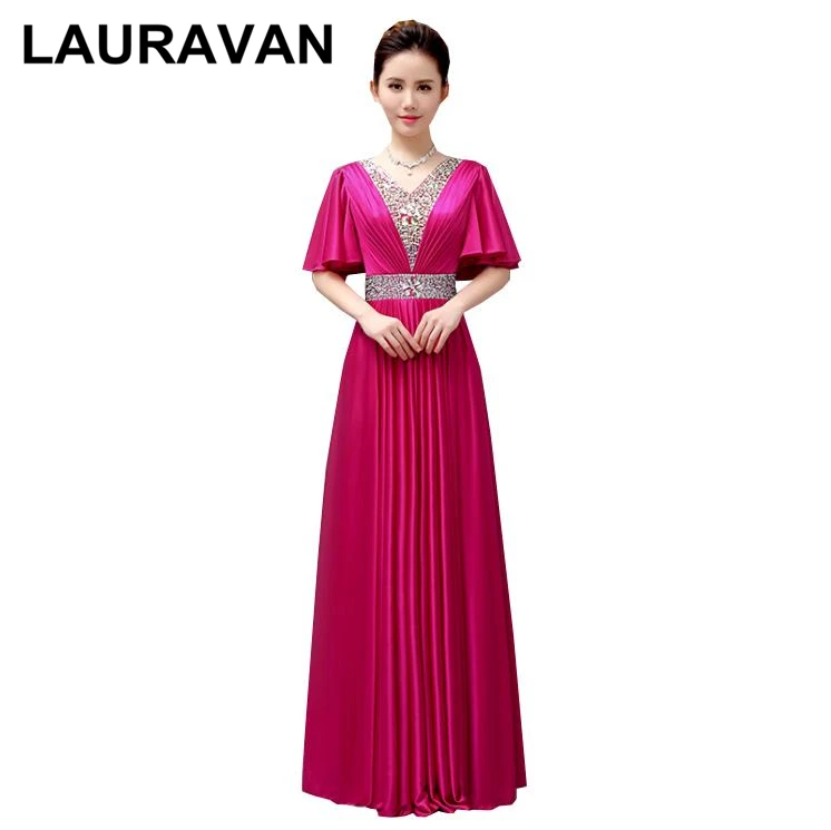 Длинные платья подружек невесты с v-образным вырезом ярко-розового цвета фуксия