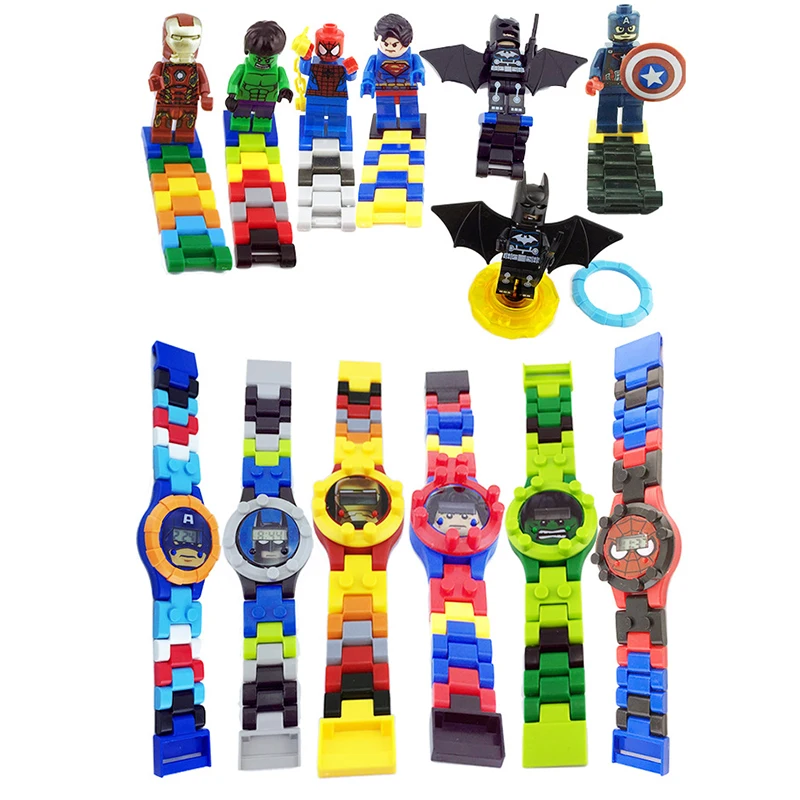 Мультфильм bebouwbare horloge Met figuur draaien bouwstenen speelgoed Рождество verjaardagscadeau voor jongen Kinderen