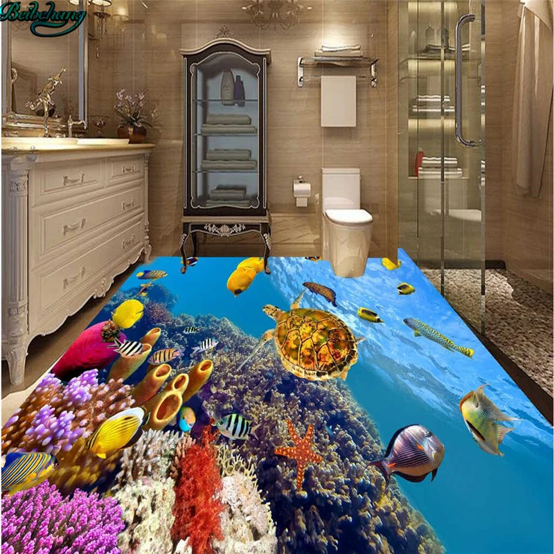 

beibehang Large custom underwater world tropical fish 3D floor tiles living room bedroom wall kitchen bathroom home decoration