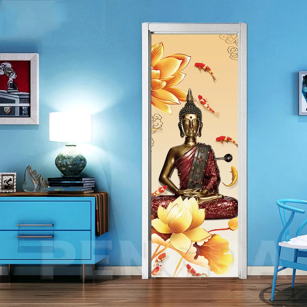 3D холст домашний декор дверь Будда Цветок самоклеящиеся наклейки ПВХ постер