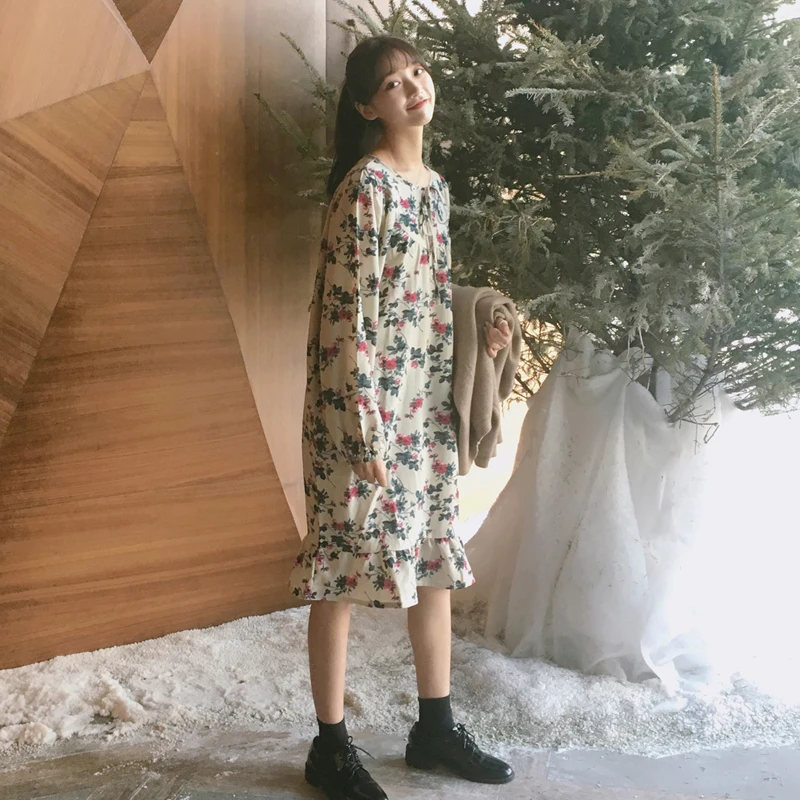 Милый Цветочный Принт Свободные Dress Puff Рукавом Оборками Midi Весна Лето Халат Femme
