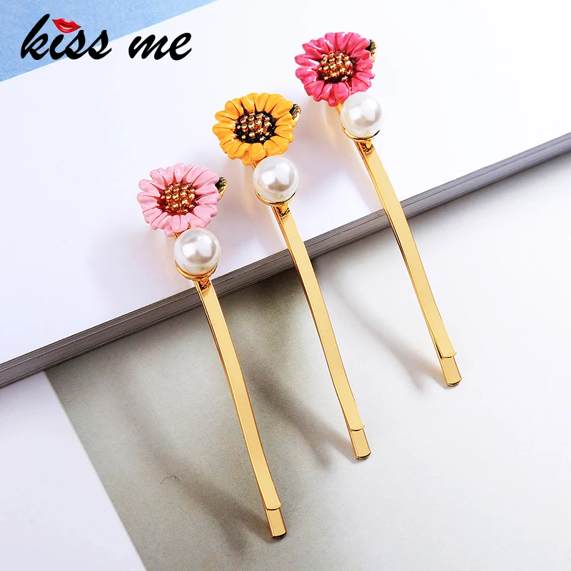 KISS ME 3 Colors Gold Color Copper Enamel Flower Barrettes Cute Fashion Women Hair Jewelry Accessories 2018 | Украшения и