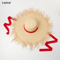 uspop summer sun hats women raffia straw hat female fashion soft long ribbon wide brim beach hat
