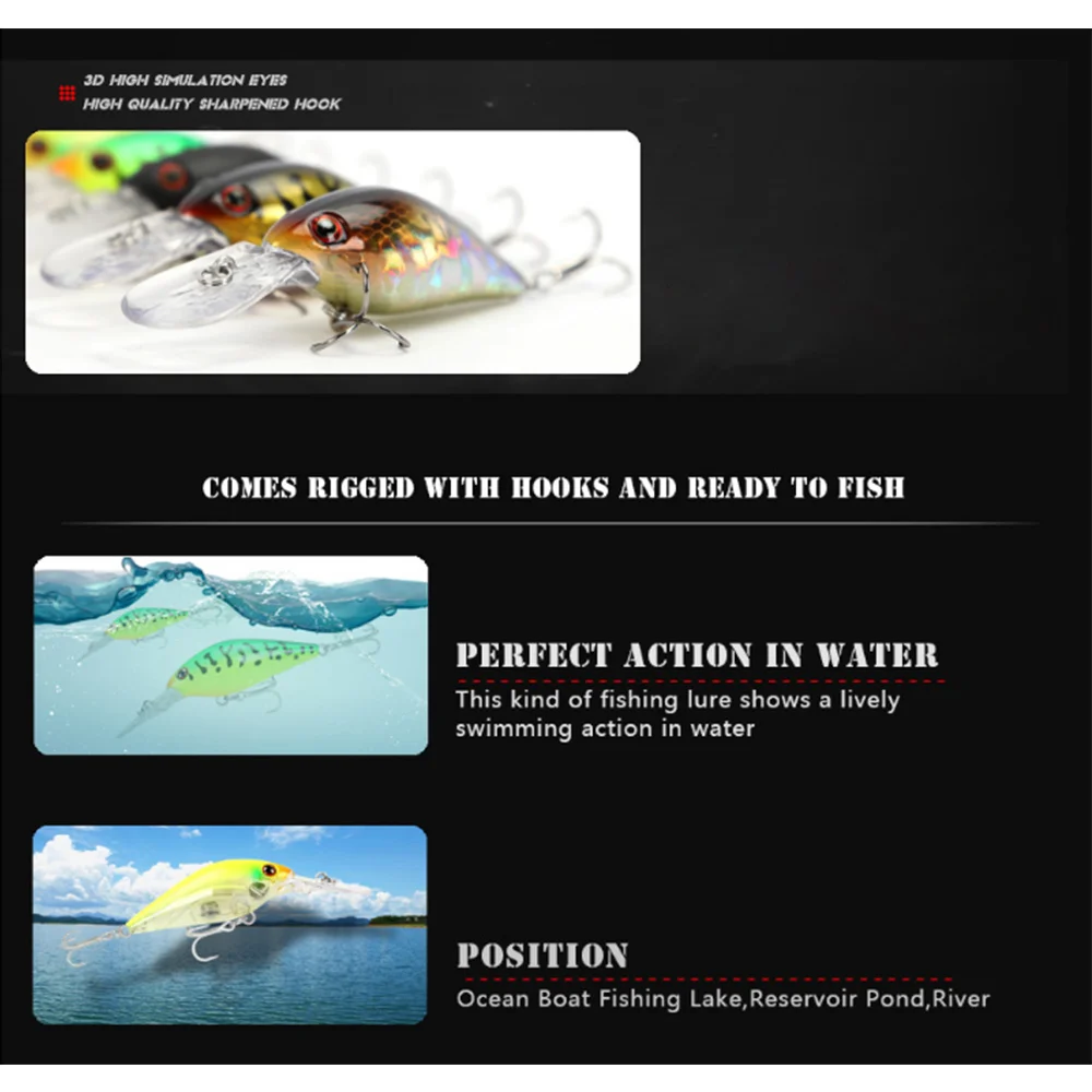 

ABS Artificial Bait Fishing Lure Crankbait Treble Hook Long Tongue Float Swimbait Fishing Bait 8.2g/7.5cm 3D eyes Fishing tool