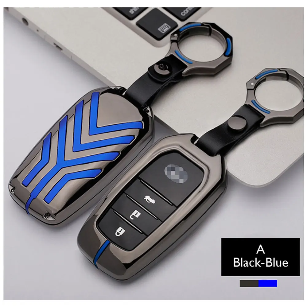 Key A (Black- Blue) Чехол для ключей автомобиля из цинкового сплава для Toyota Fortuner Rav4 Camry Highlander Crown Corolla пульт дистанционного управления Fob оболочка Защитная крышка брелок сумка - Название цвета: Key A (Black- Blue)