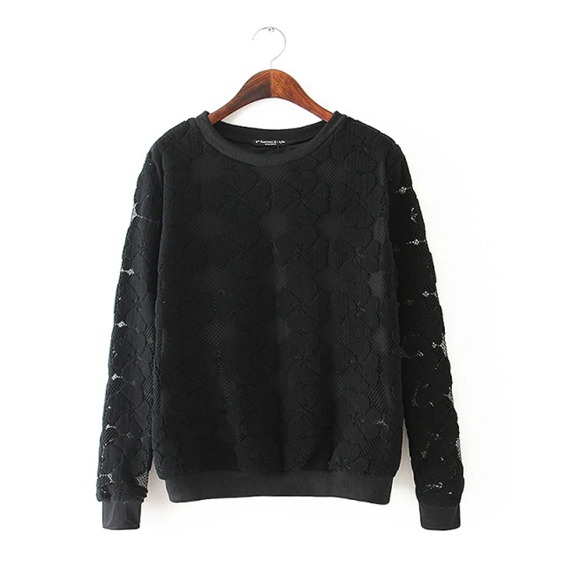 

New Nice Casual Round Neck Sweatshirt Women Lace Hollow Out Female Hoodies Loose All-Match Bottoming A415
