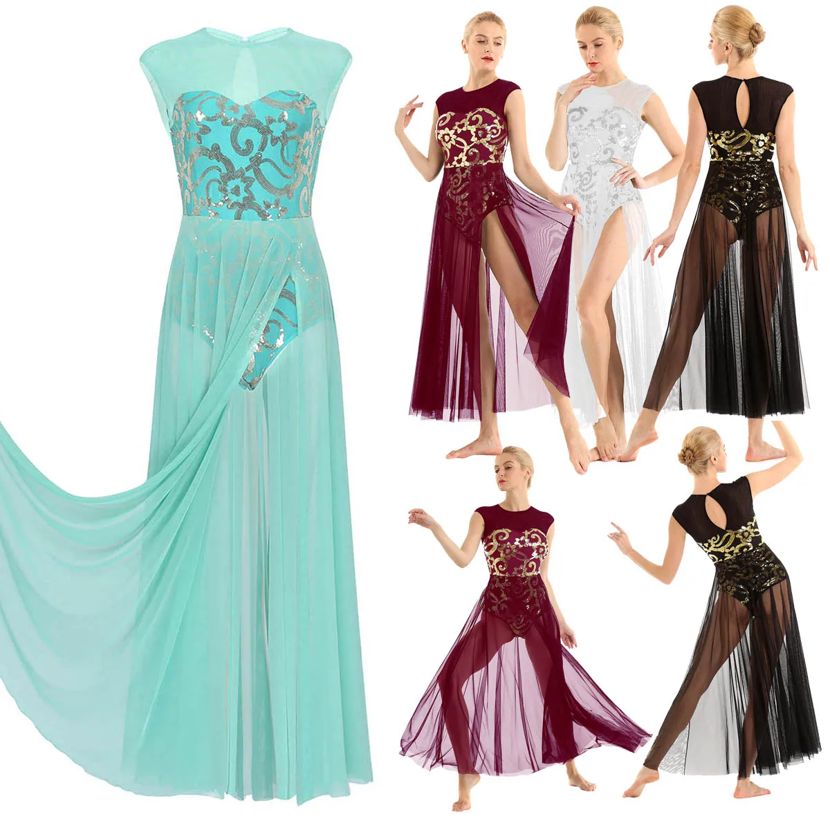 Женское длинное платье с блестками без рукавов |