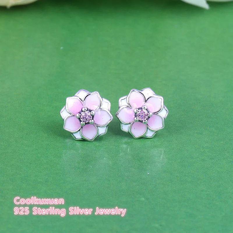 

Spring Magnolia Bloom Floral Stud Earrings Original 100% 925-Sterling-Silver Pale Cerise Enamel & Pink CZ Flowers Earring