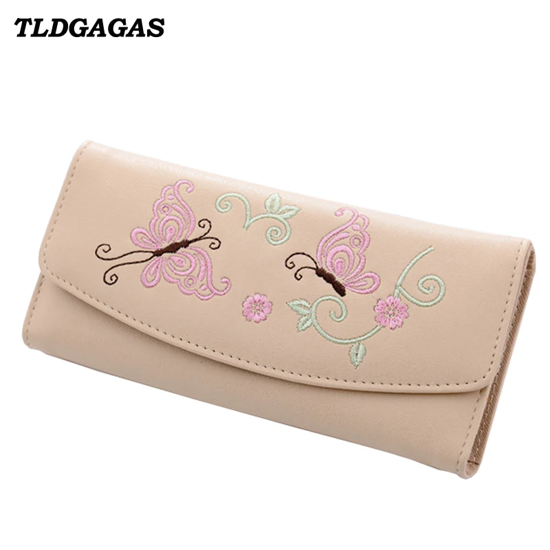 

TLDGAGAS 2018 New Fashion Women Long Wallet Butterfly Embroidery Tri-Fold Hasp Ladies Clutch Bag Female Mobile Phone Purse