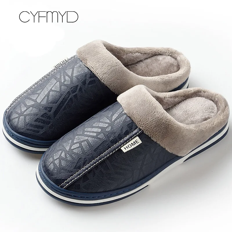 Dark blue Мужские Тапочки кожаные зимние теплые домашние тапочки водонепроницаемые брендовые Нескользящие плюшевые мужские туфли Нескользящие размера плюс 7,5-16 - Цвет: Dark blue