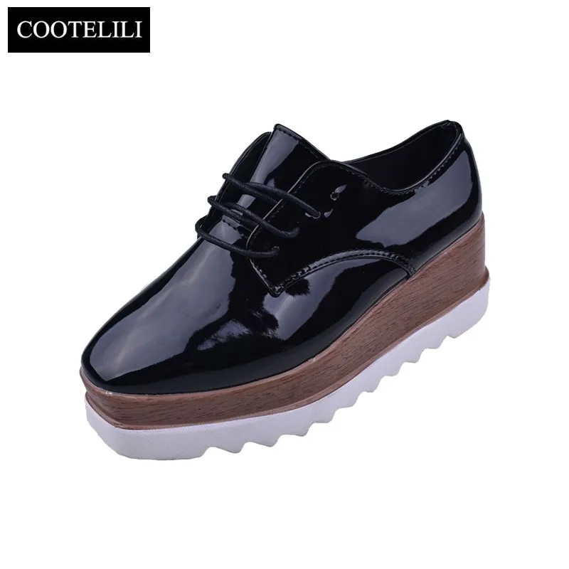 COOTELILI 35-39 Spring Casual Solid Flat Women Shoes Patent Leather Lace-Up Loafers Flat Platforms British Style Ladies Oxfords