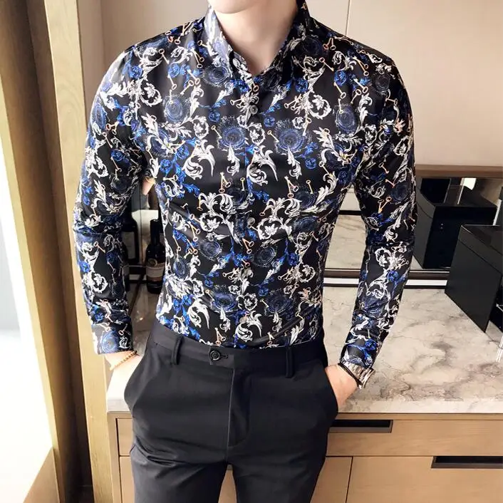 2018 Для мужчин модные Повседневное Длинные рукава рубашка с принтом Slim Fit мужской