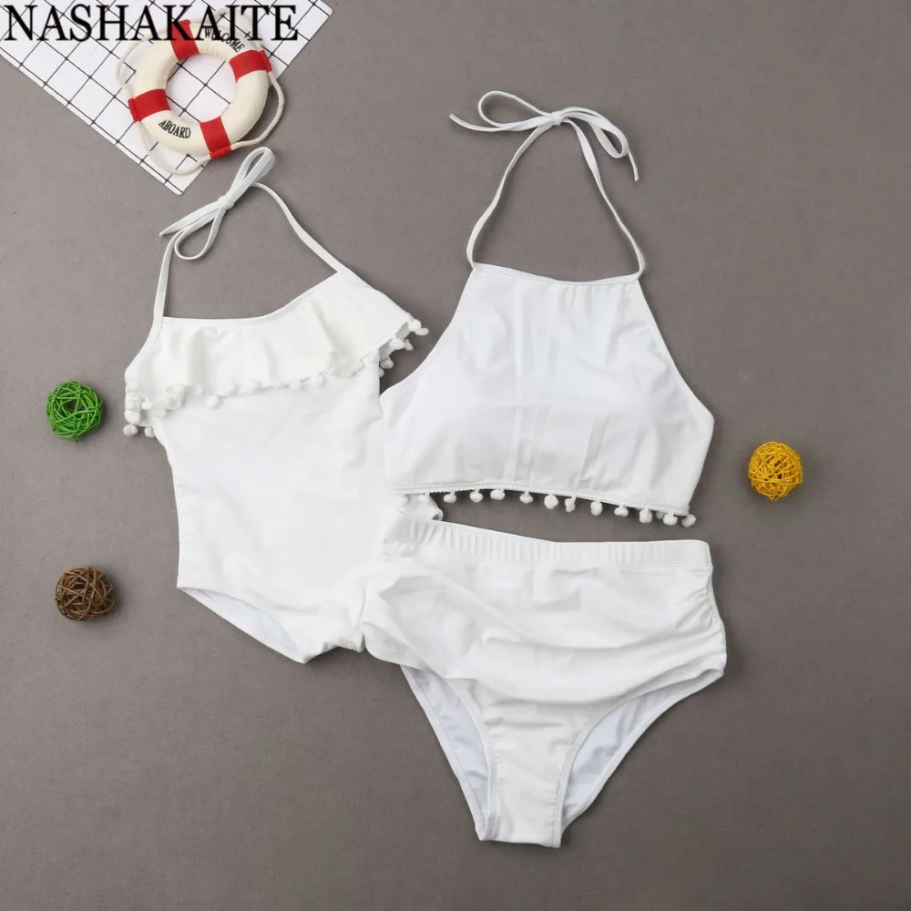 NASHAKAITE/семейный купальный костюм, однотонный купальник с кисточками и лямкой на шее, женский купальный костюм, детский купальник для мамы и дочки