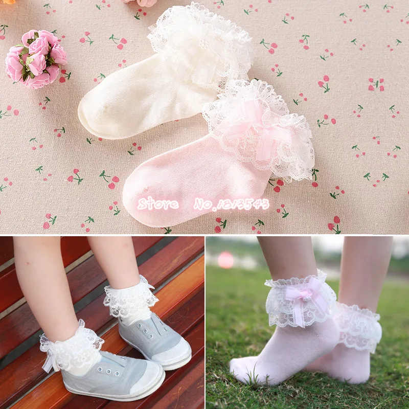 New 2017 children girls ribbon bow double lace socks with lttle pearl cute beautiful princess cotton 5 size S M L XL XXL|socks 5|girl socksgirl |