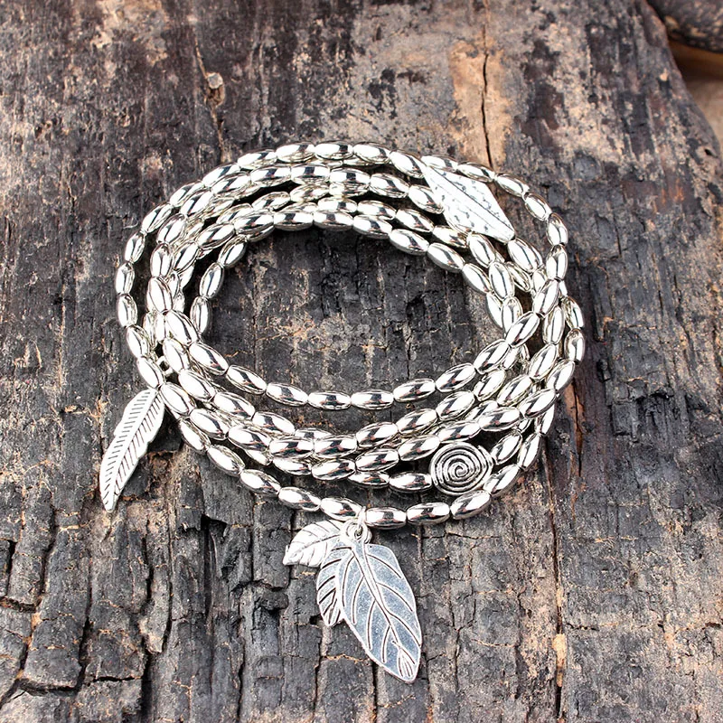 UAM Boho Hand Jewelry Natural Stone Beaded Bracelets &amp Bangles Plant Leaves Charm Bracelet Silver Multiple Layers Pulseras Women |