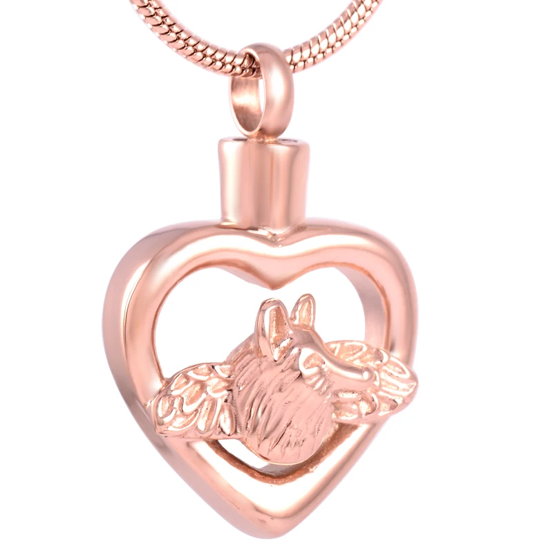 

IJD9594 Stainless Steel Cremation Golden Heart Wolf Urn Commemorative Pendant Funeral Urn Necklace for Ashes Jewelry