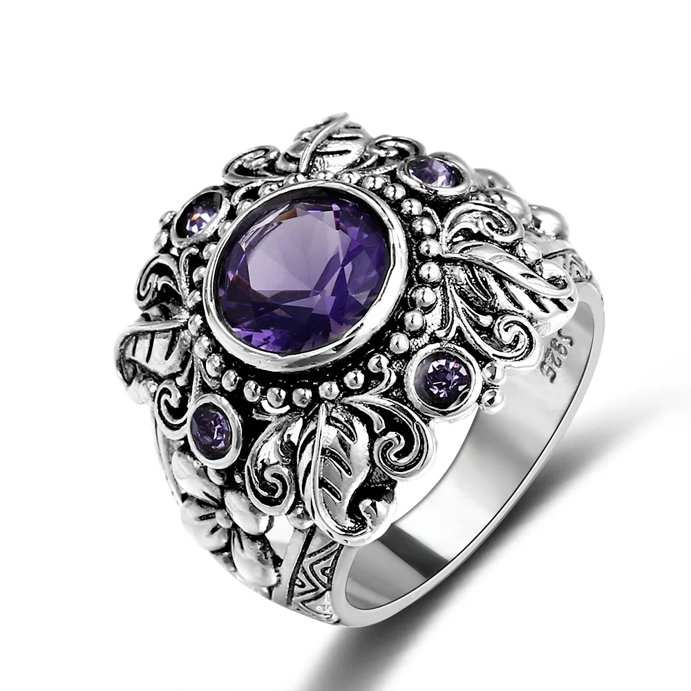 Bague Ringen, Ретро стиль, 925 пробы, серебряные ювелирные изделия, натуральный фиолетовый аметист, драгоценный камень, кольца для женщин, мужчин, Подарок на годовщину