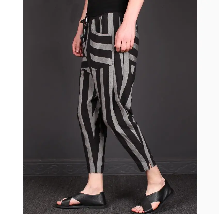 

M-3xl 2021 New Style Men's Clothing Summer Loose Striped Nine Points Harem Pants Male Stylist's Feet Casual Linen Pants Tide