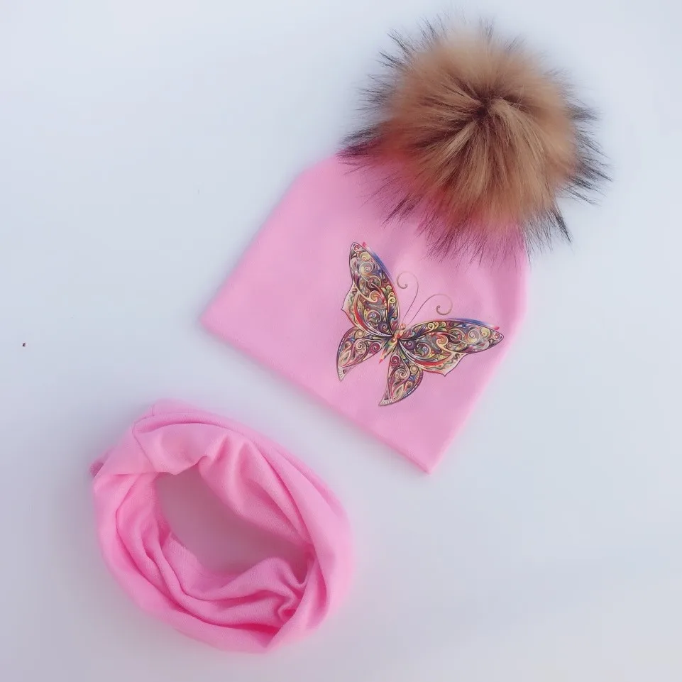 2 butterfly pink 6 Комплект детских шапок для девочек; шапка с принтом бабочки и единорога; шапка для маленьких мальчиков; детский хлопковый шарф; нагрудники; Детские шапочки - Цвет: 2 butterfly pink 6