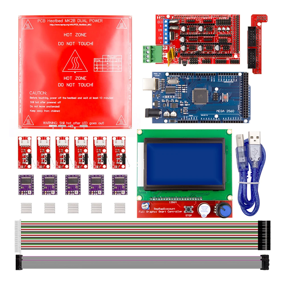 Комплект Reprap Ramps 1,4 с Mega 2560 r3+ HeatBed mk2b+ 12864 ЖК-контроллер+ DRV8825+ механический переключатель+ кабели для 3D-принтера