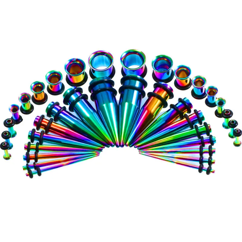 Colorful 36 шт./лот, стальной одиночный расклешенный тоннель для уха, набор пробок, набор для растягивания ушей, Набор Расширителей, набор для пирсинга, ювелирное изделие, 1,6 мм-10 мм - Metal color: Colorful