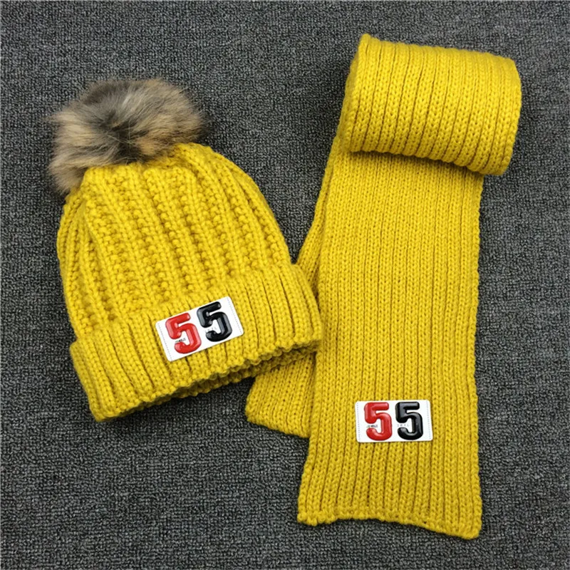 Yyun Дети Твердые Цвет ребра вязаный шарф шляпа набор девочек мех Pom Beanie с номера 2