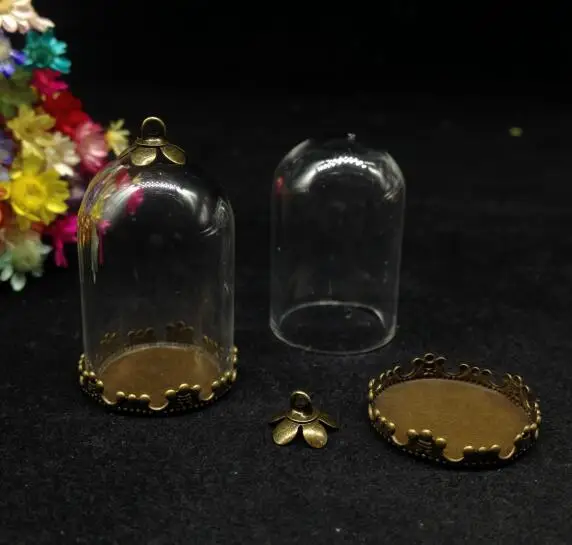 300sets/lot 30*20mm wholesale mix color tube bell jars glass vial pendant with flower tray metal cap diy bottle cover dome | Украшения и