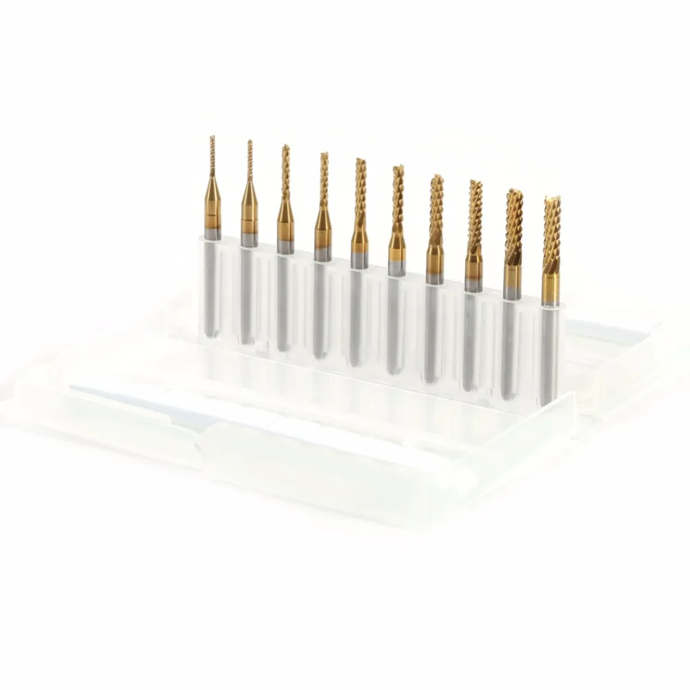 10pcs/set Titanium Coated End Mill Cemented Carbide CNC Milling Cutters Tools 1 1.5 2 2.5 mm Straight Shank Router Drill Bit Set |