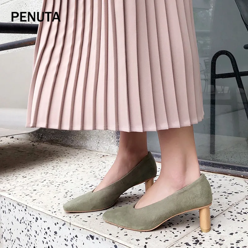 PENUTA/; замшевые туфли; женские туфли-лодочки на среднем каблуке с v-образным вырезом; высококачественные туфли для женщин; Новинка; PG912