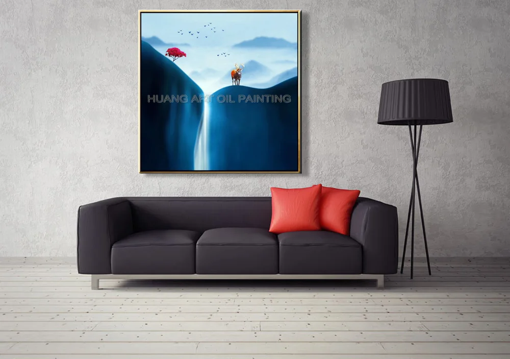 Ручная работа китайский стиль синий пейзаж картина маслом на холсте современный