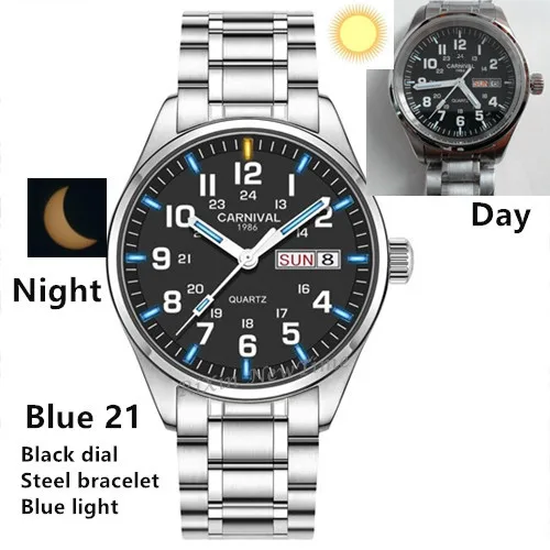 Blue21 silver black Двойной Календарь Дата T25 Тритий Светящиеся кварцевые военные часы водонепроницаемые 200 м сапфировые Брендовые Часы мужские полностью стальные relojes - Цвет: Blue21 silver black