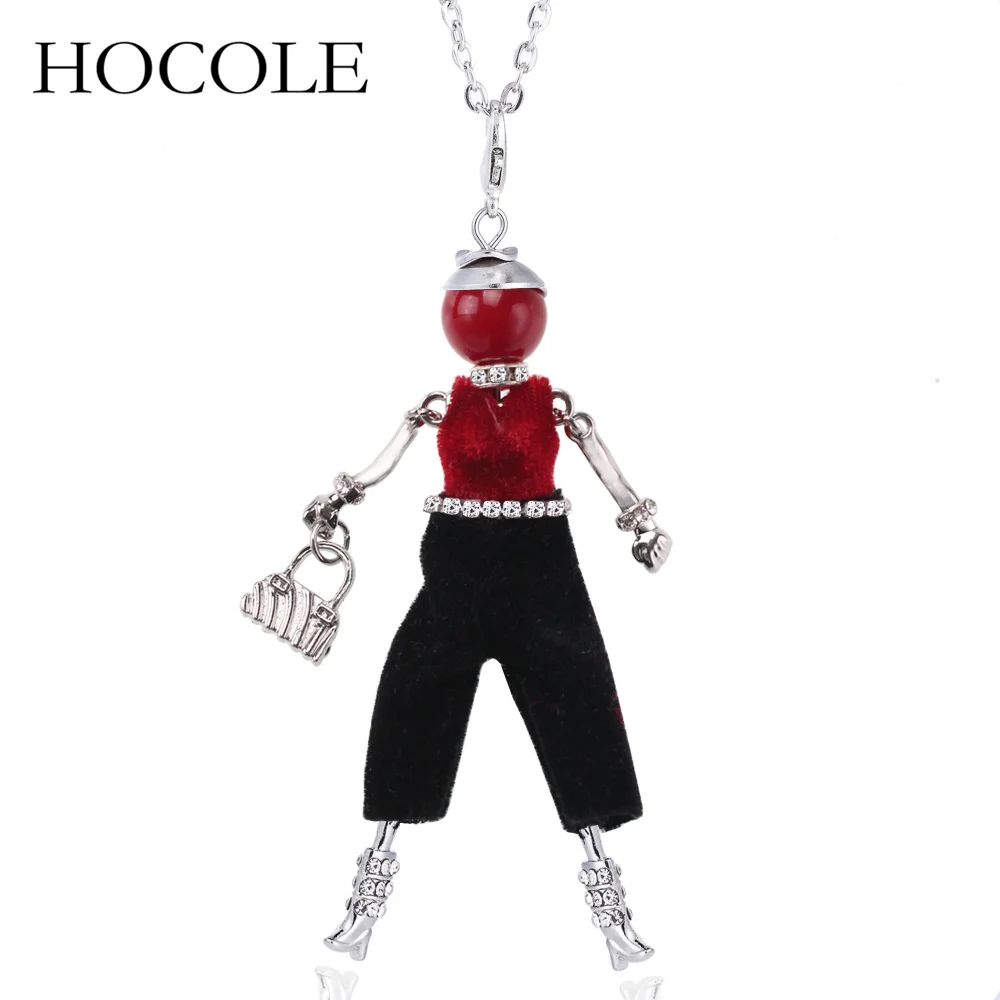 

HOCOLE Silver Color Chain Crystal Rhinestone Girl Pendant Necklace Statement Fashion Doll Necklace Jewelry Female Long Necklace
