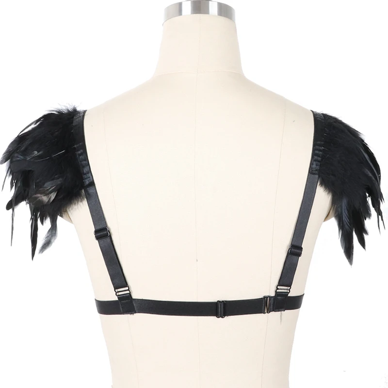 Black Sexy Body Harness for Women Feather Epaulettes Lingerie Cage Bra Bondage Tops Goth Angel Wings Party Dance Festival Rave | Женская