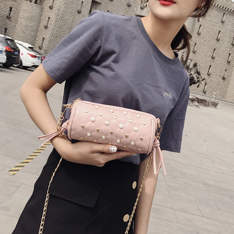 

BENVICHED women 2022 pearl rivet diamond chain Cylindrical shape pillow bag fashion tassels small single shoulder bag c122