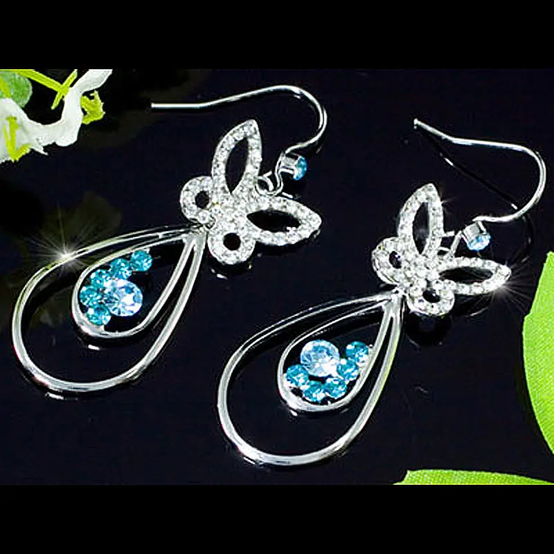 Серьги CSE307 с павлином и синими бабочками из кубического циркония|earrings platinum|earring