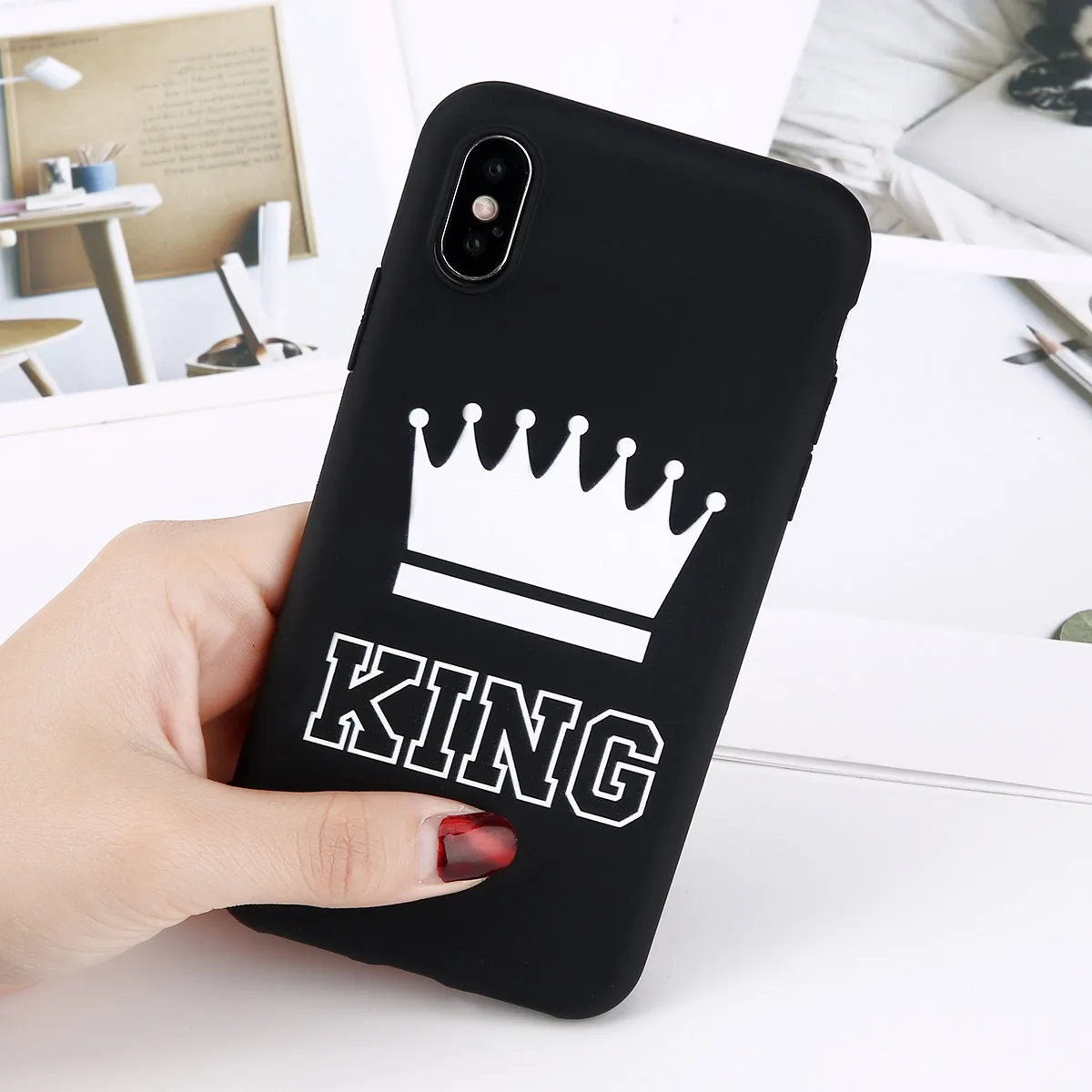Black King Матовый чехол для телефона с короной для iPhone 11 Pro Max XS Max X XR King queen чехол s 7 6 6s 8 Plus сплошной карамельный цвет Мягкий ТПУ полный Чехол - Цвет: Black King