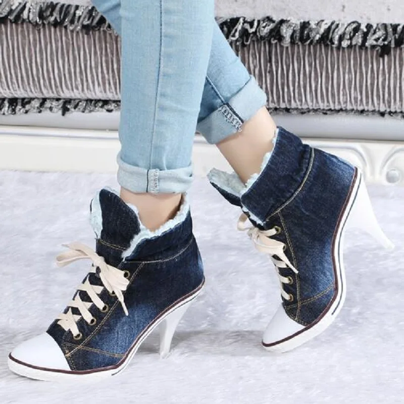 Женские ботильоны из джинсовой ткани с острым носком на шнуровке теплые женские