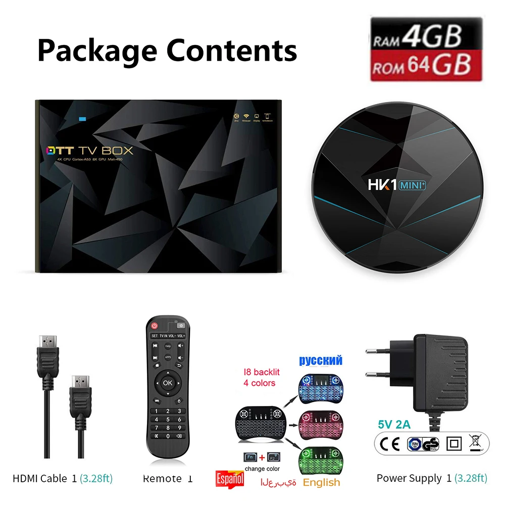 4g 64g i8 HK1 Мини плюс Android 9,0 ТВ приставка bluetooth 2G 16G/4g 64 GB/32G RK3318 2,4G/5G wifi 4K 3D ТВ приставка опционально air mouse t95 max - Цвет: 4g 64g i8