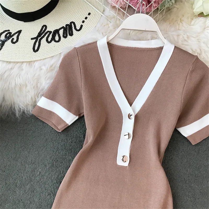 OCEANLOVE Кнопка Vestidos короткий рукав корейское летнее платье для женщин Вязание стрейч платья для V образным вырезом Bodycon Тонкий роковой 11916