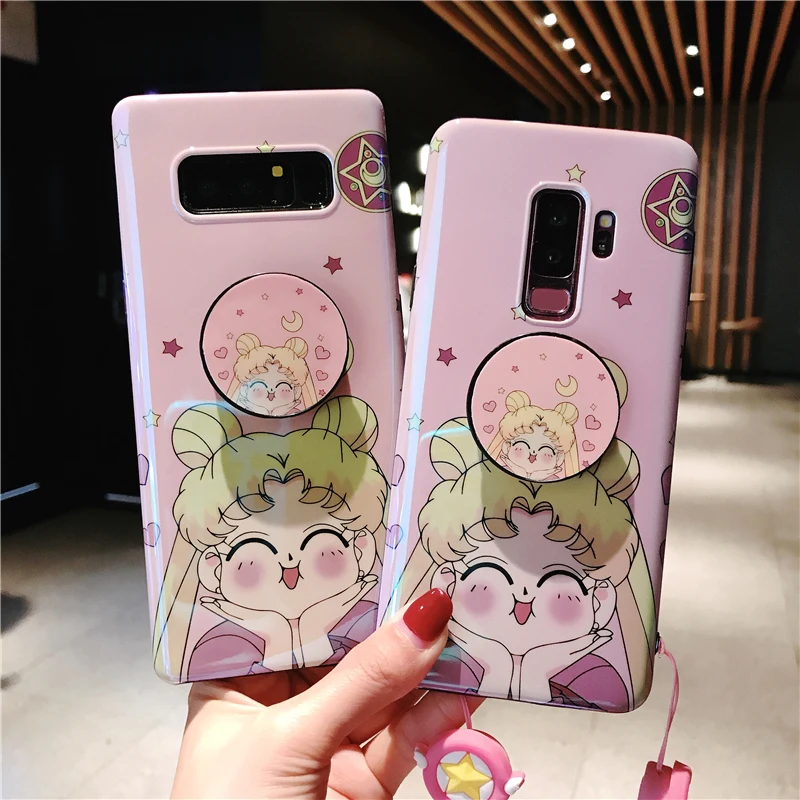 for Samsung S9 plus Cute pink Sailor moon soft Case For S8 S8plus note8 note9 S7 edge back cover + stander +strap |