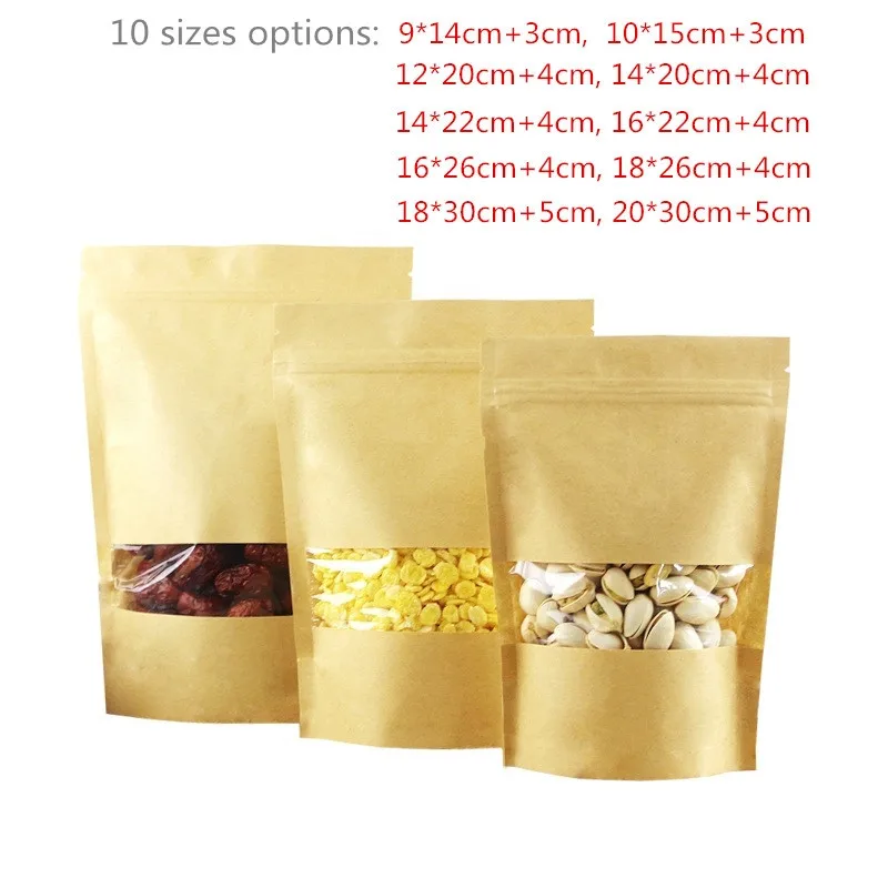 100 шт./лот-молния сверху стоячий пакет из крафт-бумаги с прозрачным окном для