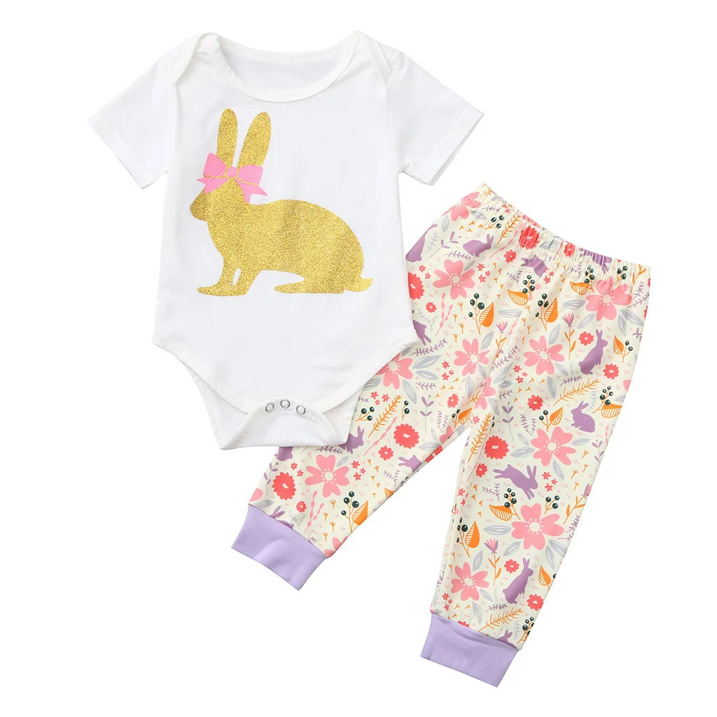 Newborn Infant Baby Girls Easter Bunny Outfits Romper Tops+Floral Pants Set baby girl clothes infant clothing | Детская одежда и