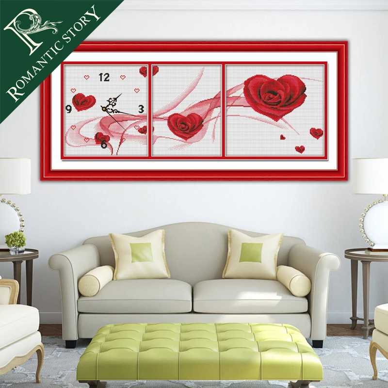 

Romantic Story Clock Heart Roses Flower home Cross Stitch Needlework DIY 11CT Printing Cross Stitch Sets For Embroidery Kits